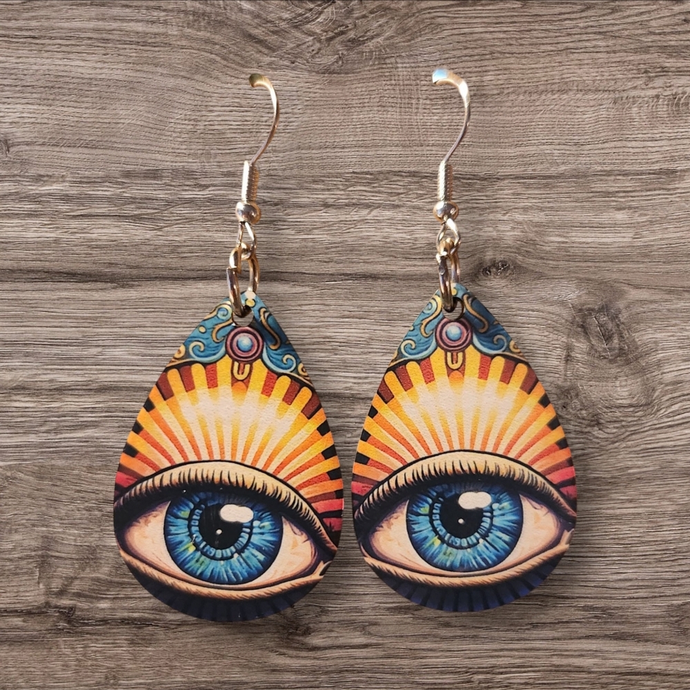 Evil Eye Design Gold and Blue Earrings. Hand Crafted.